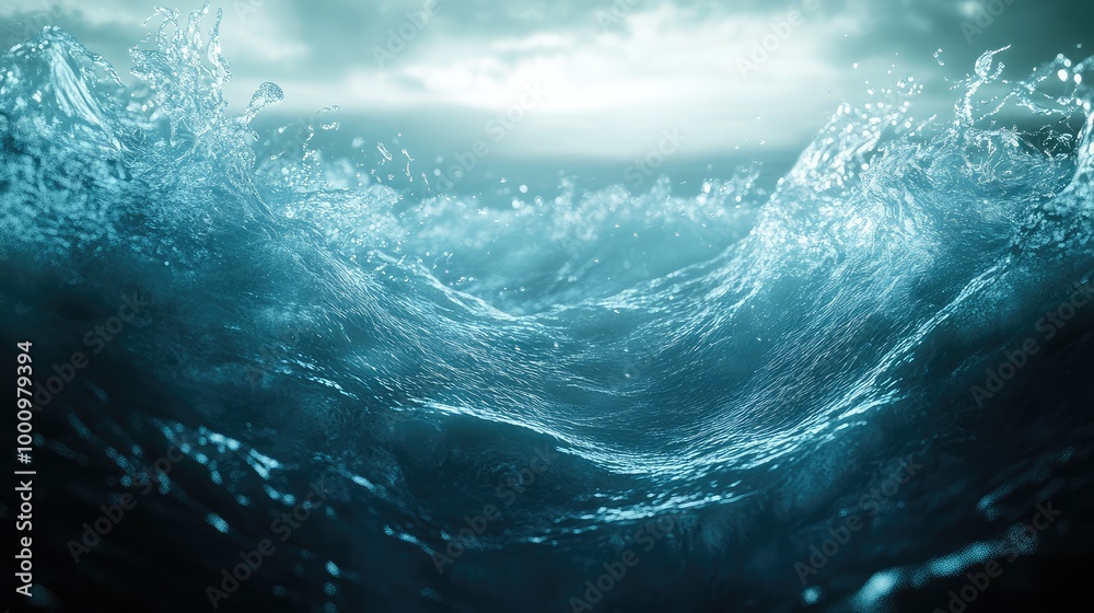 A dreamlike 3D design of the water bottom, surrounded by soft light and dynamic waves creating an enchanting atmosphere A dreamlike 3D design of the water bottom, surrounded by soft light and dynamic waves creating an enchanting atmosphere