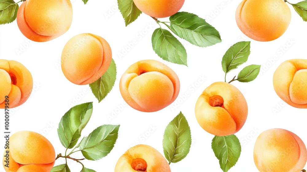 Fresh and Juicy Apricots with Green Leaves on White Background - Seamless Pattern for Food and Nature Themes Fresh and Juicy Apricots with Green Leaves on White Background - Seamless Pattern for Food and Nature Themes