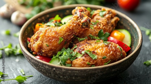 Delectable Fried Chicken Meal Presentation in Stylish Bowl on Modern Table for Ad Poster Photography