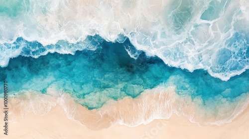 Aerial View of Turquoise Ocean Waves Crashing onto Sandy Beach Shoreline in a Tropical Paradise