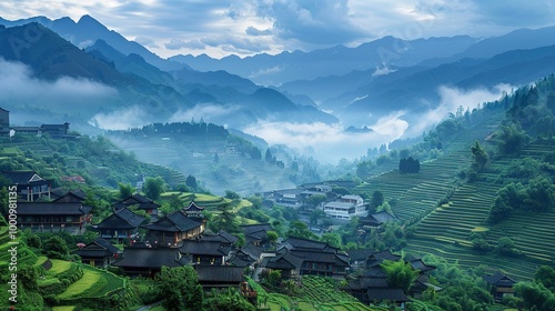 Beautiful Background of Rural Scenery in Mountain Villages: A Peaceful and Idyllic Retreat. Experience the Tranquility and Charm.