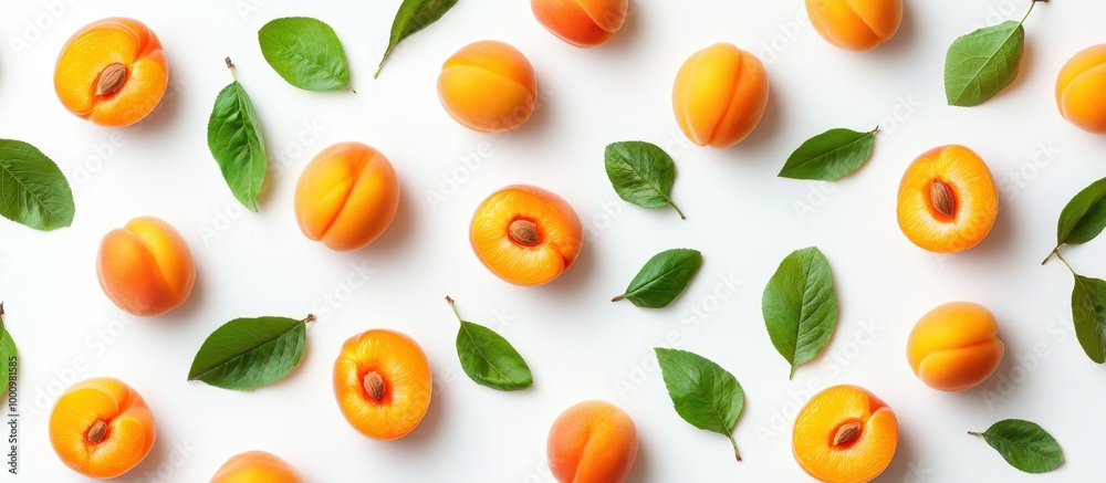 Fresh Apricots and Green Leaves Pattern on White Background - Vibrant Summer Fruit Arrangement Fresh Apricots and Green Leaves Pattern on White Background - Vibrant Summer Fruit Arrangement