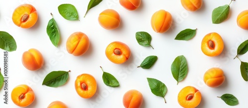 Wallpaper Mural Fresh Apricots and Green Leaves Pattern on White Background - Vibrant Summer Fruit Arrangement Torontodigital.ca