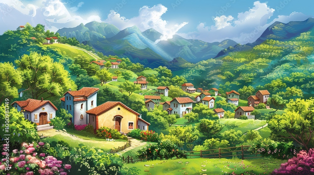 Obraz premium Beautiful Background of Rural Scenery in Mountain Villages: A Peaceful and Idyllic Retreat. Experience the Tranquility and Charm.
