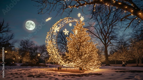 A holiday tree with a brilliant moon decore is covered in bright lights photo