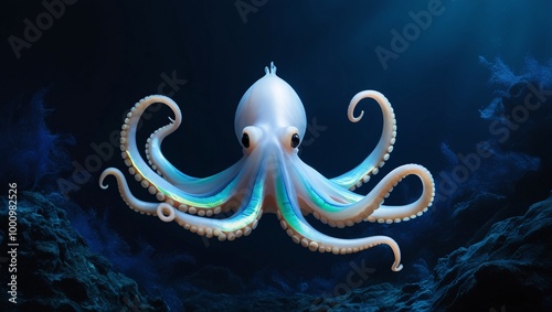 A delicate, translucent Dumbo octopus with ear-like fins protruding from its head, floating effortlessly in a dark blue, almost black, abyssal background, its soft, gelatinous body glowing with  photo