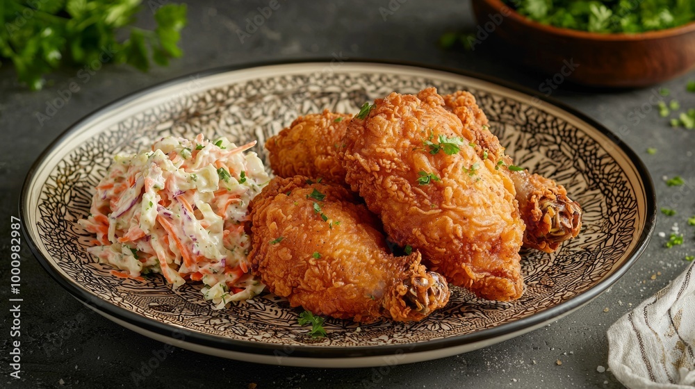 Fototapeta premium Crispy Fried Chicken with Creamy Coleslaw - Gourmet Dishes Advertisement Photography