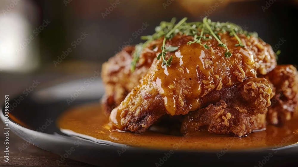 Succulent Fried Chicken Piece Garnished with Sauce and Herbs on Plate - Appetizing Ad Poster Photography Succulent Fried Chicken Piece Garnished with Sauce and Herbs on Plate - Appetizing Ad Poster Photography