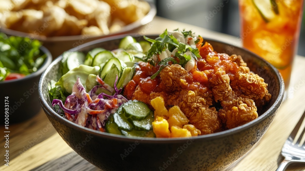 Delicious Fried Chicken Meal in Modern Bowl with Fresh Ingredients and Refreshing Drink on Side for Advertisement Poster Delicious Fried Chicken Meal in Modern Bowl with Fresh Ingredients and Refreshing Drink on Side for Advertisement Poster