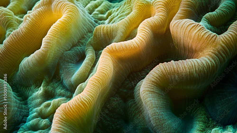 Close-up of a coral reef with intricate textures and patterns in shades of green and yellow. Close-up of a coral reef with intricate textures and patterns in shades of green and yellow.
