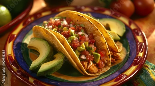 Zesty Fried Chicken Taco Delight on Colorful Plate with Fresh Salsa and Avocado - Appetizing Ad Poster Photography