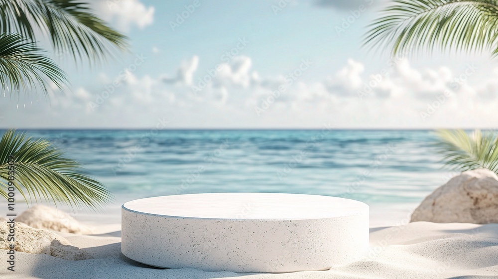 Serene Beach Scene with Round Platform and Palms Serene Beach Scene with Round Platform and Palms