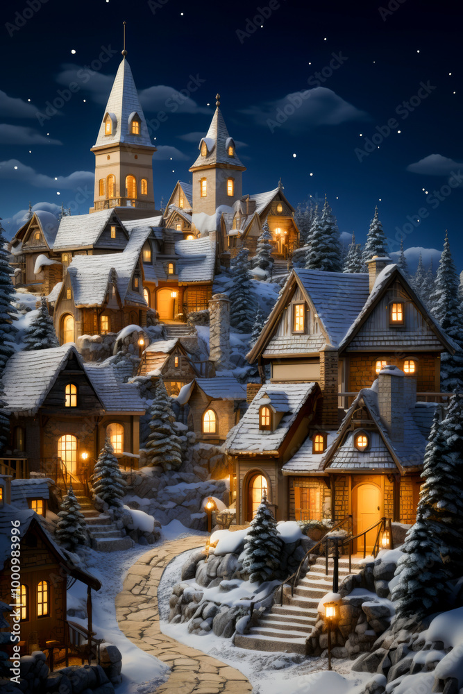 Charming winter village illuminated by warm lights, nestled in snow under a starry night sky, creating a peaceful holiday atmosphere Charming winter village illuminated by warm lights, nestled in snow under a starry night sky, creating a peaceful holiday atmosphere