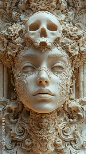 Intricate Stone Sculpture of a Woman's Face with a Skull