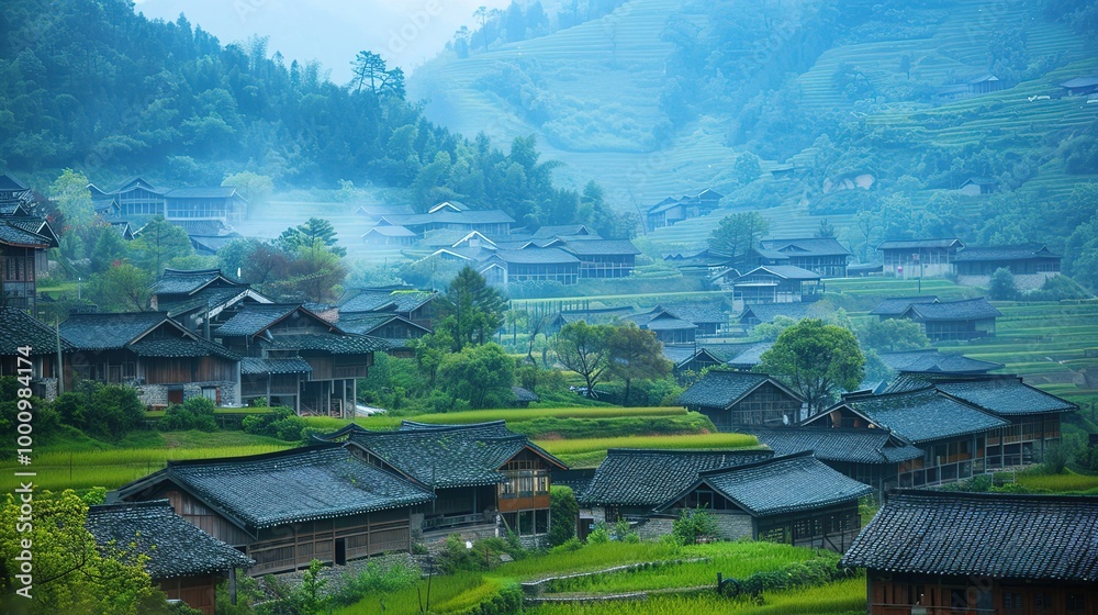 Beautiful Background of Rural Scenery in Mountain Villages: A Peaceful and Idyllic Retreat. Experience the Tranquility and Charm. Beautiful Background of Rural Scenery in Mountain Villages: A Peaceful and Idyllic Retreat. Experience the Tranquility and Charm.