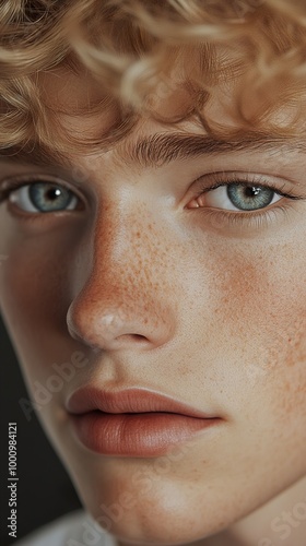 Close-up Portrait of a Handsome Young Man with Blue Eyes and Freckles