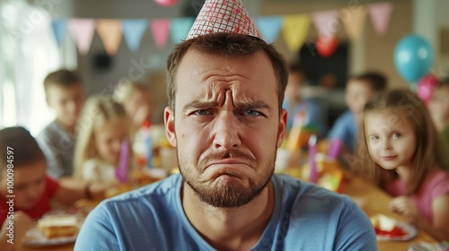 Man with cone hat feels grumpy at birthday party.