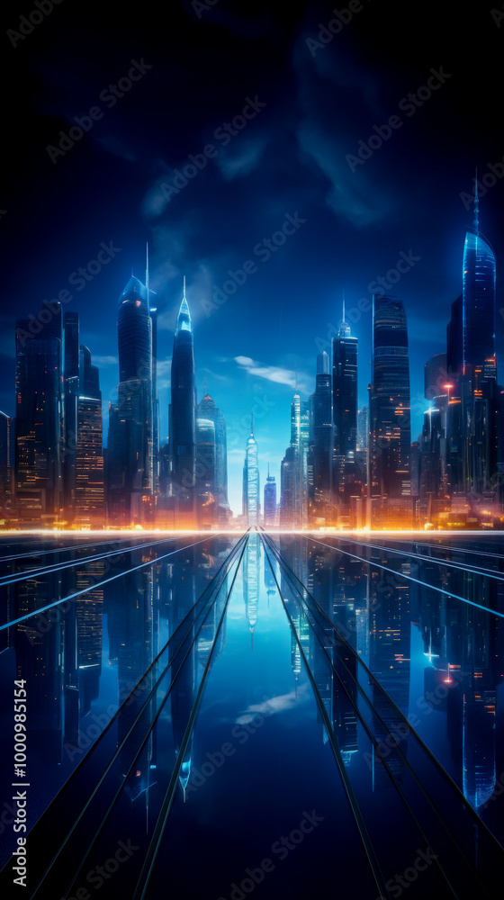 A futuristic cityscape with towering skyscrapers illuminated by glowing blue and orange lights, reflected in a sleek, mirrored surface at night A futuristic cityscape with towering skyscrapers illuminated by glowing blue and orange lights, reflected in a sleek, mirrored surface at night