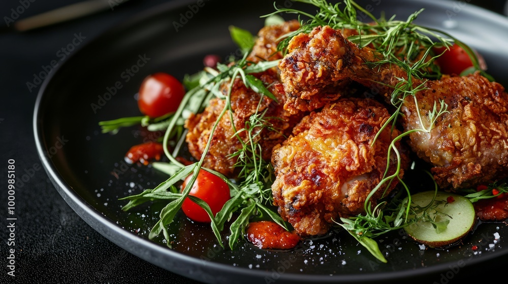 Fototapeta premium Exquisite Gourmet Fried Chicken Dish with Artistic Plating and Fresh Seasonal Garnishes for Advertisement Poster