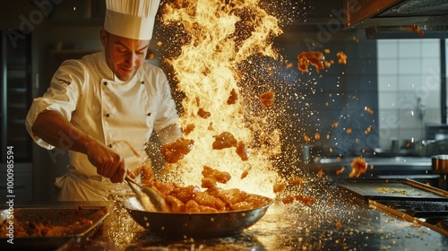 Culinary Expertise in Action: Chef Frying Chicken in Vibrant Professional Kitchen Scene photo