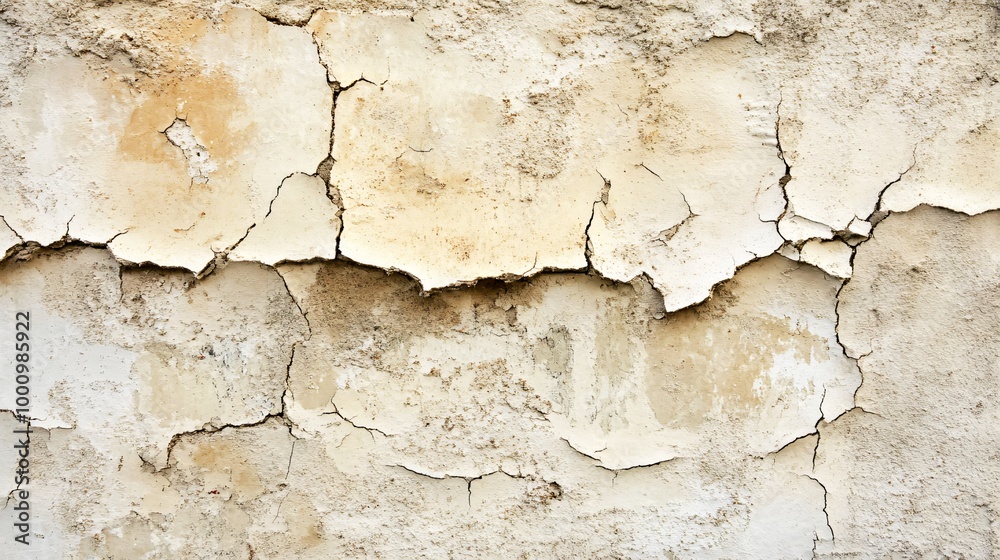 Obraz premium Close-up of a cracked and weathered wall with peeling paint.