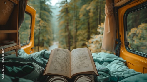 A woman lying in a camper van, reading a book in the forest, enjoying a summer adventure and outdoor lifestyle, capturing the essence of travel, freedom, and the nomadic life amidst nature.
