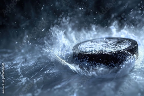 Close up of ice hockey Puck on the ice surface, Ai generated