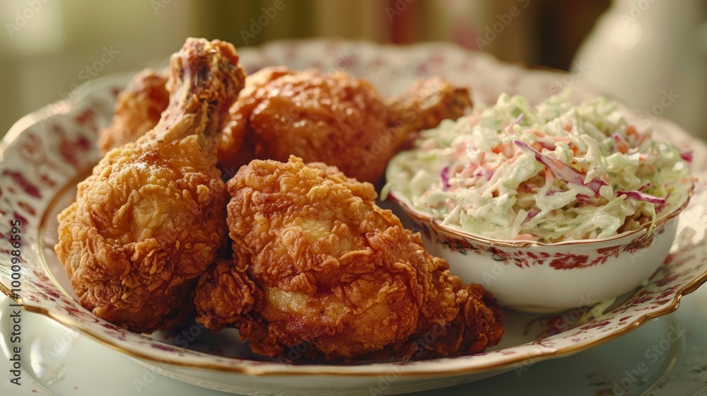Delicious Crispy Fried Chicken with Creamy Coleslaw on Decorative Plate - Ad Poster Photography Delicious Crispy Fried Chicken with Creamy Coleslaw on Decorative Plate - Ad Poster Photography