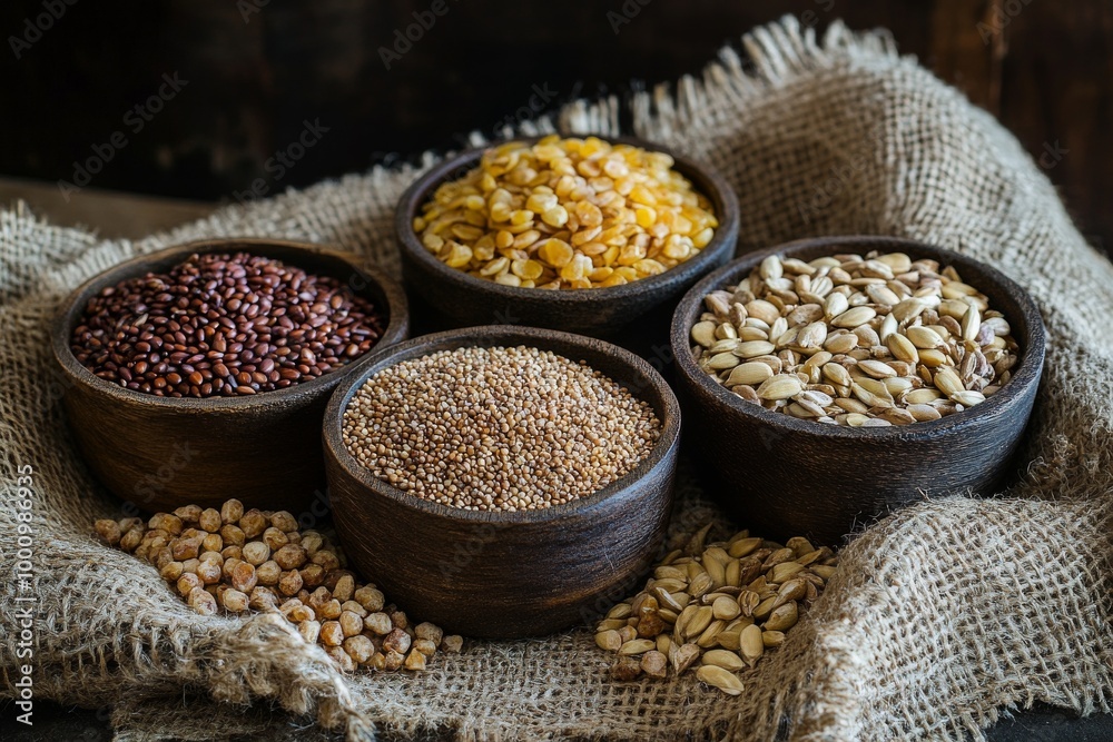 Assorted Bowls of Grains and Seeds Displayed on Burlap Assorted Bowls of Grains and Seeds Displayed on Burlap