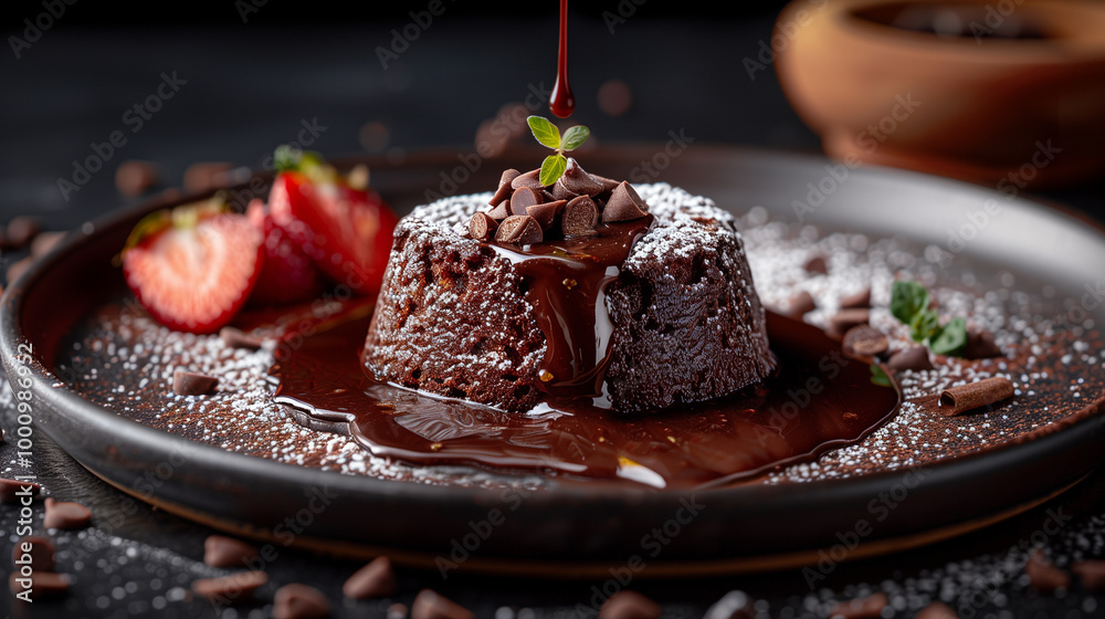 Decadent Close-Up of Molten Lava Cake with Chocolate Drizzle