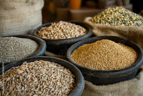 Varied Grains and Seeds in Bowls Arranged on Rustic Burlap