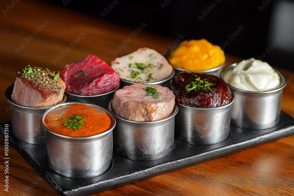 fresh raw meat display showcasing an array of cuts, such as filet mignon and chicken drumsticks, beautifully presented with a variety of sauces on the side. fresh raw meat display showcasing an array of cuts, such as filet mignon and chicken drumsticks, beautifully presented with a variety of sauces on the side.