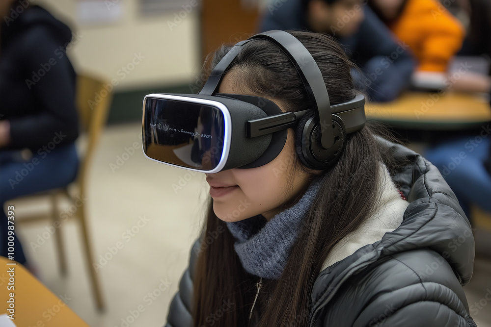 student wearing VR goggles, immersed in an AI-powered educational environment, while adaptive algorithms create personalized learning pathways, showcasing the future of education. student wearing VR goggles, immersed in an AI-powered educational environment, while adaptive algorithms create personalized learning pathways, showcasing the future of education.
