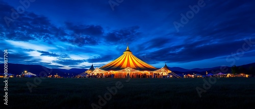Bright circus tent lit up at night under a deep blue sky