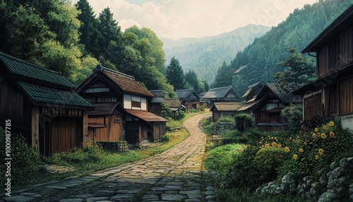 Traditional Japanese Village. Wooden Houses in the Mountains. Rural Japanese Landscape. Traditional Japanese Architecture.