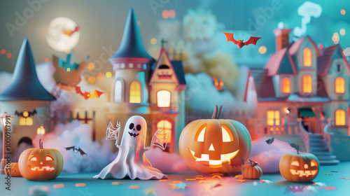 Wallpaper Mural Aesthetic Halloween greeting card with 3D figures of cute pumpkins, ghosts, skeletons, castle, smoke. Generative AI Torontodigital.ca