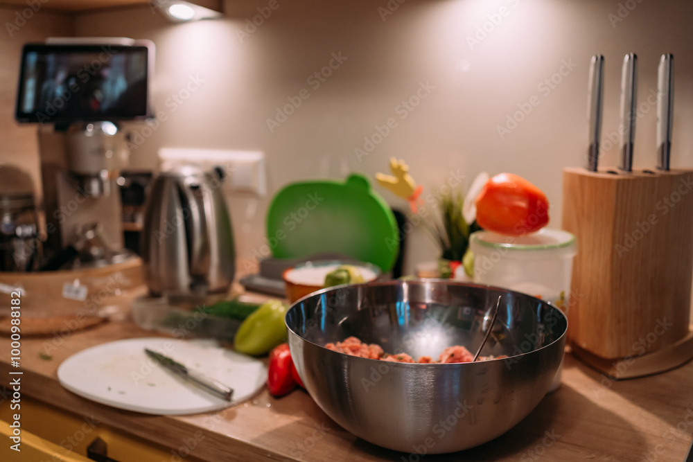 home kitchen countertop with ingredients for cooking, metal mixing bowl with minced meat, knives, vegetables, and kitchen appliances in the background home kitchen countertop with ingredients for cooking, metal mixing bowl with minced meat, knives, vegetables, and kitchen appliances in the background