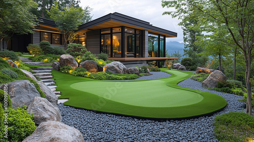 Modern Luxury Home with Custom Putting Green in Landscaped Backyard, Stone Steps and Contemporary Architecture