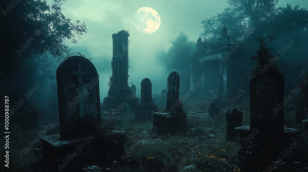 Spooky Cemetery at Night with Tombstones and Full Moon Illuminating Misty Atmosphere