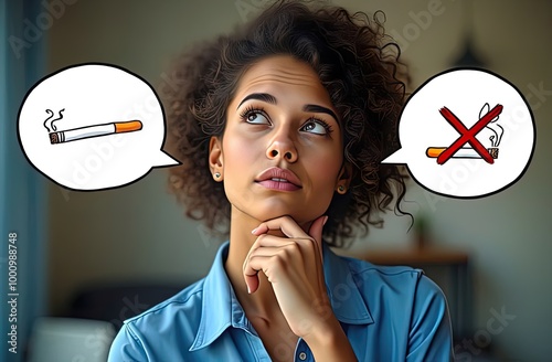 No smoking and No vaping. girl thinks about the choice to smoke or not to smoke. There is a thought bubble above  woman's head