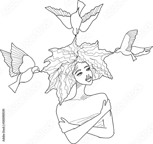 femme noire cheveux afro oiseaux tiraillement anxiété tourmente santé mentale vecteur