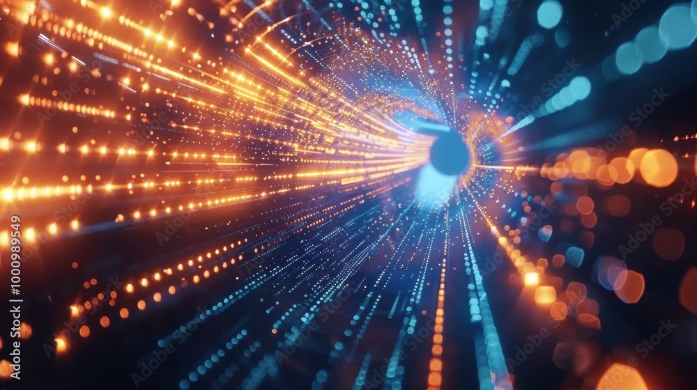 Fototapeta premium Abstract Digital Tunnel with Flowing Light Particles