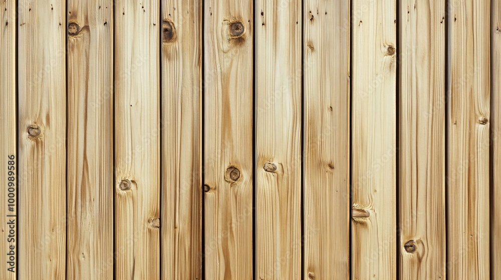 Closeup of a light brown wooden fence made of planks, with visible knots in the wood. Closeup of a light brown wooden fence made of planks, with visible knots in the wood.