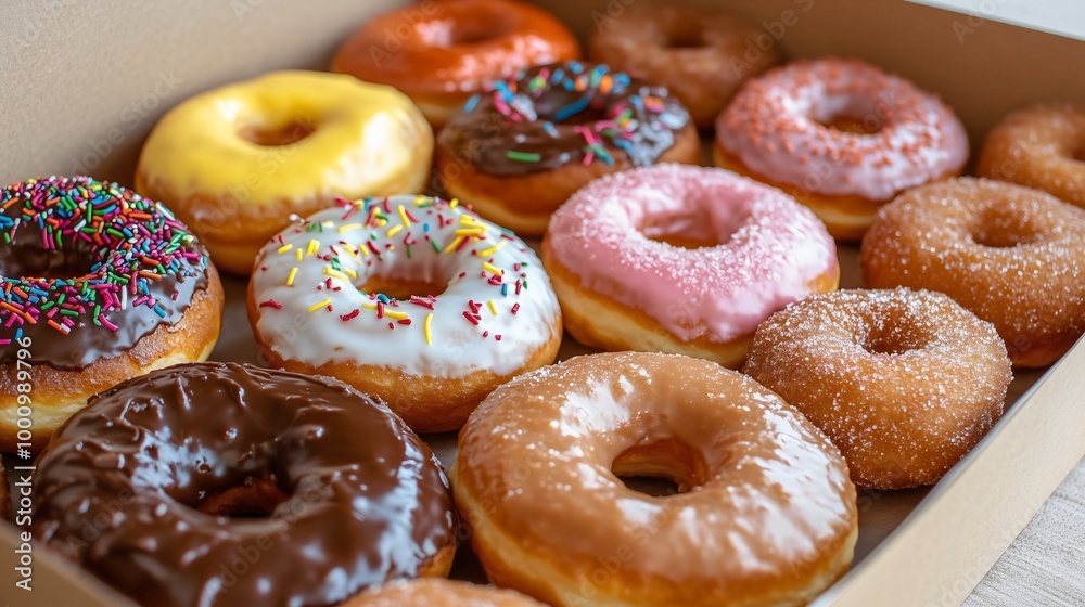 Open box of assorted doughnuts from the bakery, delicious pastry is topped with colorful glaze, unhealthy dessert a perfect sweet snack for breakfast Tasty food delivering in a cardboard package Open box of assorted doughnuts from the bakery, delicious pastry is topped with colorful glaze, unhealthy dessert a perfect sweet snack for breakfast Tasty food delivering in a cardboard package
