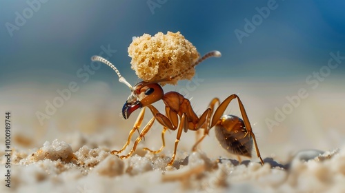 Close-up an ant is walking and carrying crumbs of bread across the floor, busy insect's work as it collects food, a small bug in a macro view, strength and survival of this tiny animal creature photo