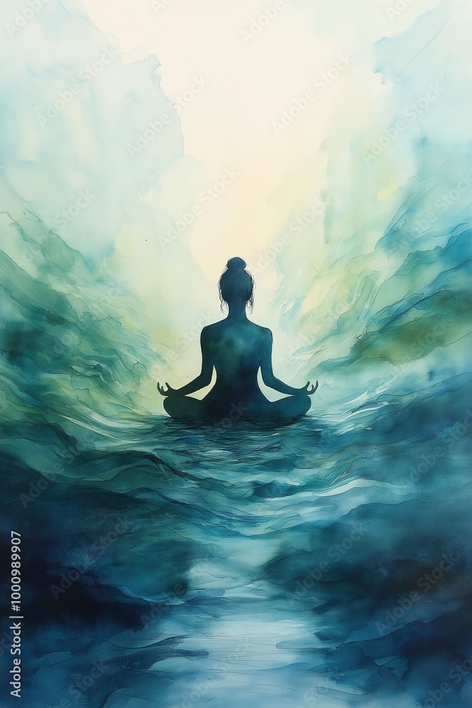 Serene Watercolor Scene of Yoga and Meditation with Flowing Colors, Symbolizing Inner Calm and Mindfulness Serene Watercolor Scene of Yoga and Meditation with Flowing Colors, Symbolizing Inner Calm and Mindfulness
