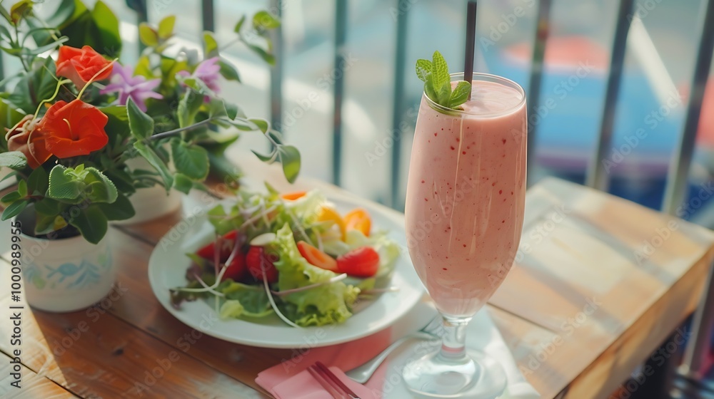 A light smoothie paired with a spring salad on a breezy balcony A light smoothie paired with a spring salad on a breezy balcony