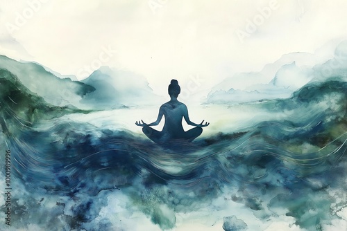 Serene Watercolor Scene of Yoga and Meditation with Flowing Colors, Symbolizing Inner Calm and Mindfulness