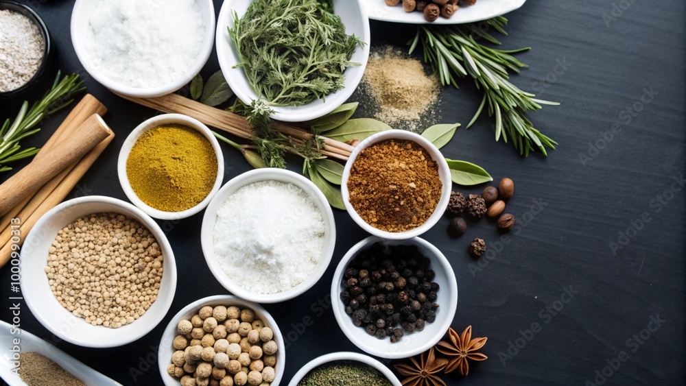 Top view of Herbs and spices isolated on background, ingredients for cooking food, healthy vegetables food, high fibers and vitamins.