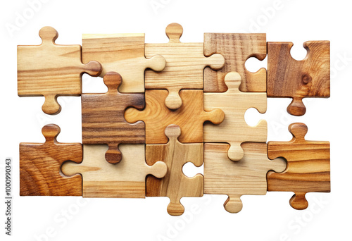 Wooden puzzle pieces isolated with transparent background.